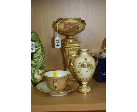 A GROUP OF ROYAL WORCESTER BLUSH IVORY, to include a pedestal vase, florally decorated, shape No 1948, approximate height 21.