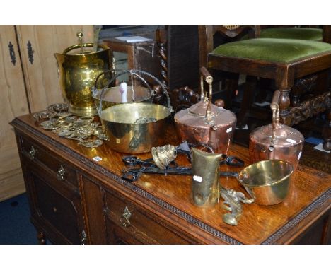A QUANTITY OF BRASS AND COPPER MISCELLANEOUS, including a coal bucket, jam pans, two kettles, horse brasses, etc and a Victor