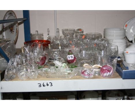 VARIOUS CUT/COLOURED GLASSWARES, to include Tutbury crystal, Caithness paperweights, bird figure group, glasses etc