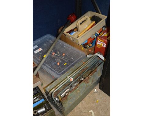 A TOOLBOX, A PLASTIC BOX, A TRAY AND A CARDBOARD BOX, all containing tools and an oil barrel pump