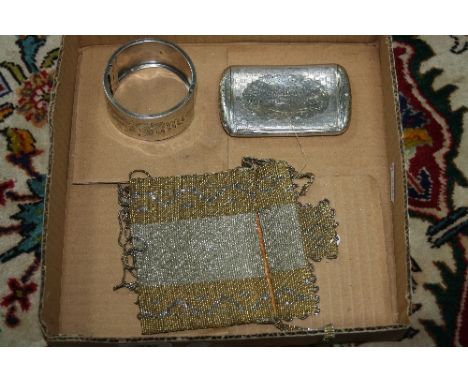 A VICTORIAN SILVER BANGLE, a Victorian silver snuff box (sd) and a mesh evening bag (3)