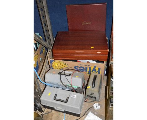 A BOX AND TWO TOOLBOXES, of mostly automotive tools and a charger