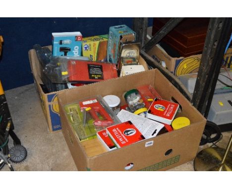 TWO BOXES OF TOOLS AND HARDWARE, including Multimeter, cordless seceteurs etc