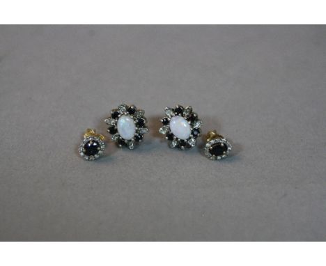 TWO PAIRS OF 9CT EARRINGS, one set with opal and diamonds and the other sapphire and diamonds