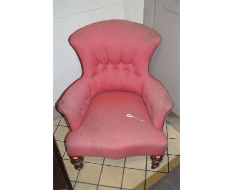 A VICTORIAN PINK UPHOLSTERED BEDROOM CHAIR, button back (s.d)