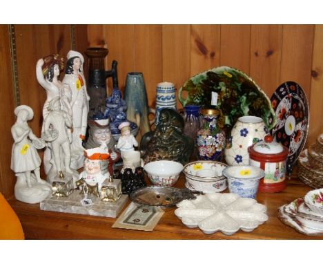 A GROUP OF CERAMICS AND SUNDRIES, to include marble/brass inkstand, pair parian figures, Staffordshire figure group, ceramic 