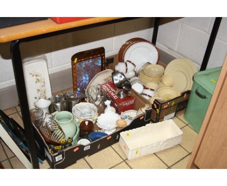 TWO BOXES AND LOOSE CERAMICS, PICTURES, ETC, to include butterfly wing tray, enamel 'Bread' bin, Royal Albert 'Holyrood' dinn