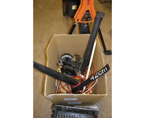 A BOX OF ELECTRICAL TOOLS, including leaf blower, hedge trimmer, circular saw, etc