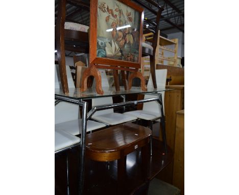 A MAHOGANY OCCASIONAL TABLE, folding firescreen, a lidded footstool and two mahogany chairs (5)