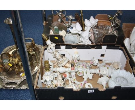 TWO BOXES OF CERAMICS, METALWARE, Capo di Monte light fittings, brassware, silver plated trays, etc (two boxes and loose)