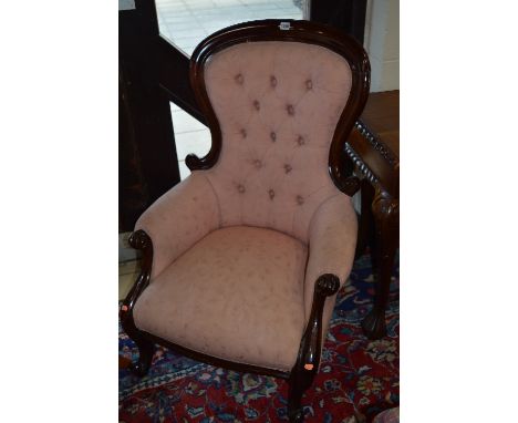 A VICTORIAN MAHOGANY BEDROOM CHAIR WITH PINK BUTTON BACK UPHOLSTERY 