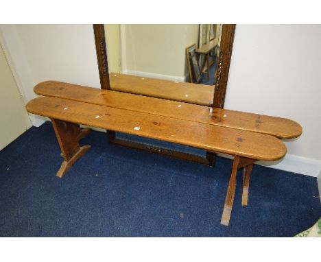 TWO WOODEN BENCHES, approximate length of longest bench 184cm
