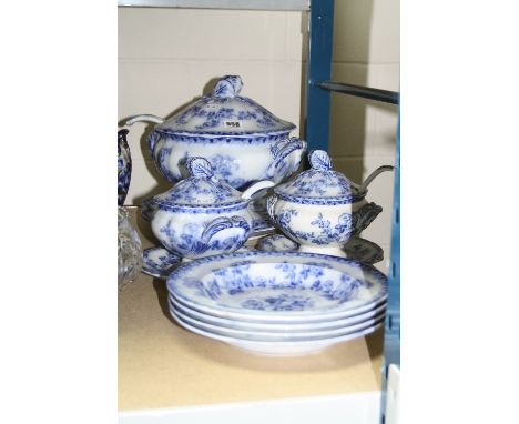 WEDGWOOD 'FLORAL' SOUP TUREEN, LADLE AND STAND, two sauce tureens, ladles and stands and four soup bowls (chips and hairlines