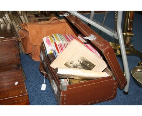 A SUITCASE OF SUNDRIES, to include maps, photographs, playing cards, inkwell, a leather satchel etc