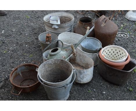 A QUANTITY OF GALVANISED MISCELLANEOUS, to include buckets, pig trough, milk churns, etc