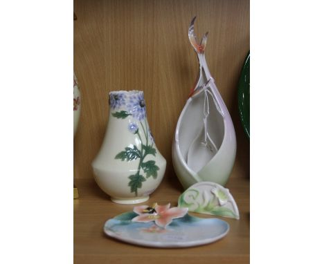 FOUR PIECES FRANZ PORCELAIN, to include Butterfly tea light candle holder, cornflower vase, height 15cm, bumble bee and flowe