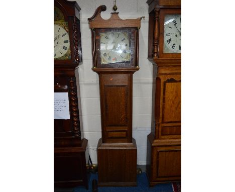 A LATE GEORGIAN OAK AND MAHOGANY BANDED LONGCASE CLOCK, damaged pediment, painted 29cm, 11 1/2' dial with date aperture and 3