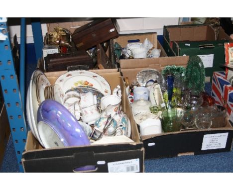 FOUR BOXES SUNDRIES, CERAMICS, GLASS, ETC, to include Spode/Hammersleys 'Dresden Sprays' jug, Carltonware lustre bowl, work b