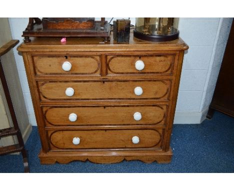 A VICTORIAN PINE AND WALNUT CROSSBANDED CHEST, of two short and three long drawers with ceramic handles, approximate size wid