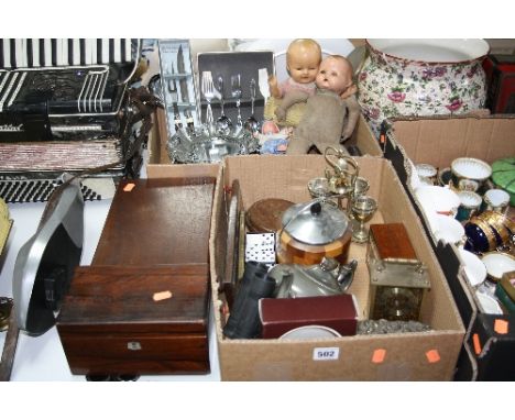 TWO BOXES AND LOOSE SUNDRY ITEMS, to include tea caddy (missing interior), dolls, (a Dolls Only bisque head doll and an unmar
