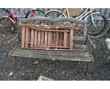 A METAL SLATTED GARDEN BENCH, approximate length 126cm and two folding garden chairs (3)