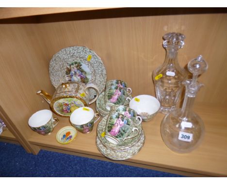 A GROUP OF CERAMICS AND GLASS, to include etched decanter, Clarice Cliff 'Crocus' trinket dish (chipped and cracked), Imperia
