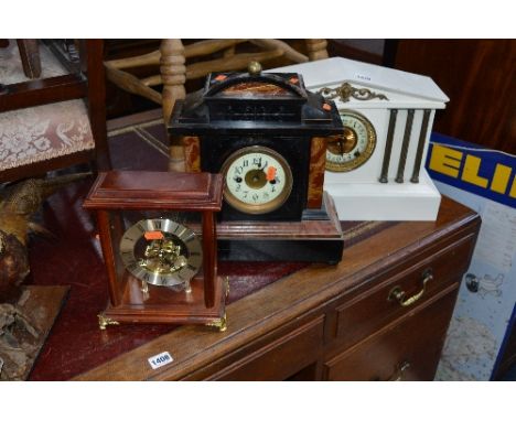 A PAINTED METAL MANTLE CLOCK, and two other mantle clocks (3)