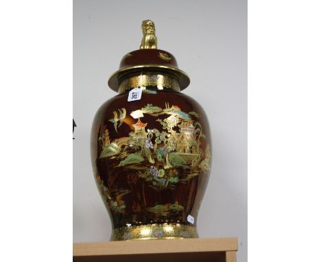 A LARGE CARLTON WARE ROUGE ROYALE TEMPLE JAR, with Dog of Fo finial, decorated in pagoda pattern, approximate height 49cm