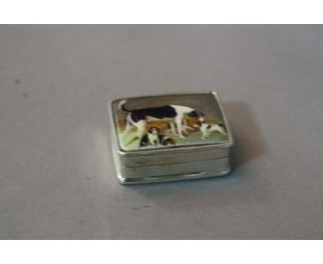 A SILVER ENAMEL BOX, depicting mother and her four pups