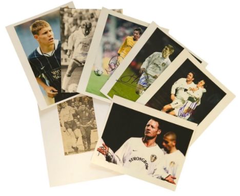 Leeds United Legends 6 signed photos including names of James Millner, Jack Charlton, David Batty and more. Good condition Es