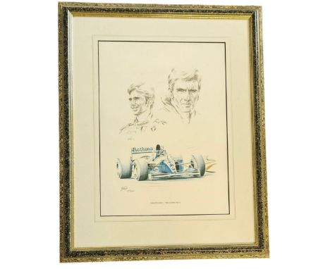 Damon Hill Portrait - Williams FW16 sketch drawing. Mounted Framed overall size 18.75x23.5 Inch. Signed by Artist S Taylor Li