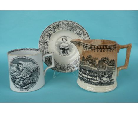 A pottery jug inscribed for Grace Darling in memoriam, a saucer with named portrait of Jenny Lind and a railway jug, stained 