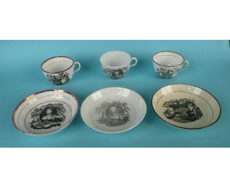 1817 Charlotte in Memoriam:  two cups and saucers, cracked and another repaired (6)      (commemorate, commemorative, commemo