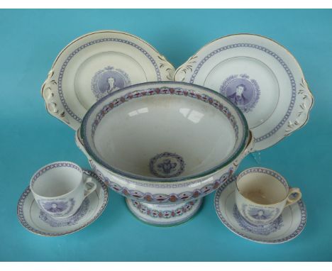 1863 Wedding: a pair of twin handled circular plates printed in mauve with named portraits, a similar pair of cups and saucer