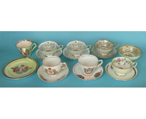 1953 Coronation: a pair of cups and saucers, another and a small bowl all by Paragon, three cups and saucers and a side plate