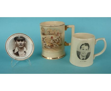 Cricket: a small dish with named sepia portrait of Jack Hobbs, 88mm, a mug with named portrait of J.T. Ikin inscribed for the