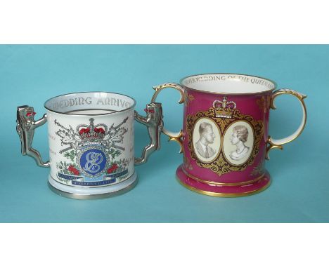 1972 Silver Wedding: a large loving cup by Spode numbered 110 of 500 and another by Paragon numbered 447 of 750, both with ce