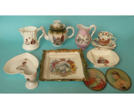 1902 Coronation: a Royal Doulton porcelain foliate moulded jug, a continental teapot, a jug, a cup and saucer, two Doulton di