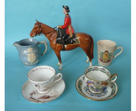 1960’s Queen Elizabeth: three plates, eight small dishes, two cups and saucers, a jug, a mug, a small glass plaque and five b