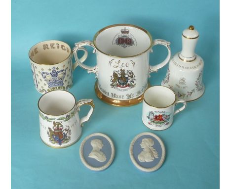 A large loving cup by Sheridan, a Spode mug and a Coalport bell each for 1977 jubilee, a Guyatt mug for 1978 jubilee, two Wed