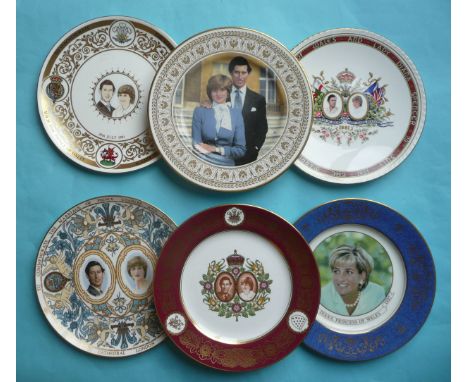 1981 Wedding: plates by Spode, Coalport, Paragon, Royal Worcester and Crown Staffordshire, another for 1997 in memoriam by Ay
