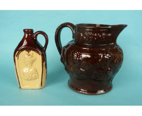 1840Wedding: a large brown glazed terracotta jug moulded with portraits including the Duchess of Kent and on the reverse a sm