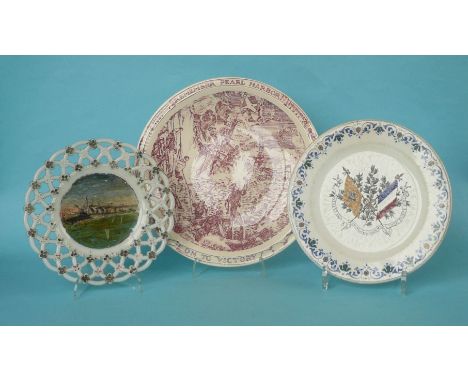 A French pottery plate decorated in colours with crossed flags and inscribed for the respective 1891 and 1893 French and Russ