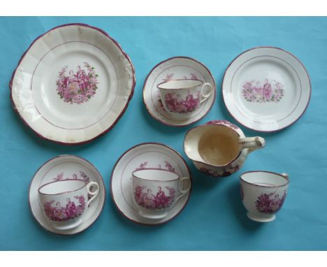 1858 Wedding: a twin handled plate, a jug and a cup and saucer each with pink printed portraits also three similar cups, two 
