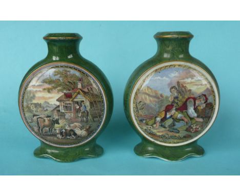 A pair of malachite flask shaped vases (2)      (pot lid, pot-lid, potlid, prattware) 