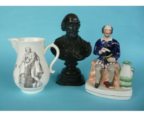 Shakespeare: a Staffordshire figure, circa 1860, 177mm, a spelter portrait bust and a 1972 Royal Worcester jug (3)      (comm