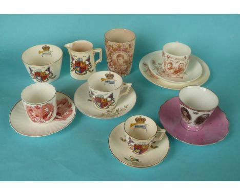 1893 Wedding: a pottery beaker printed in brown and decorated in colours, a trio, four cups and saucers and a jug and bowl, d