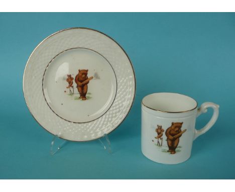 Cricket: a small porcelain mug by Star China printed in colours with bears playing cricket, circa 1920 and a similar side pla
