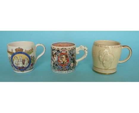 1937 Coronation: a pottery mug by Copeland Spode, another by Crown Devon and a Laura Knight pottery mug with certificate (3) 