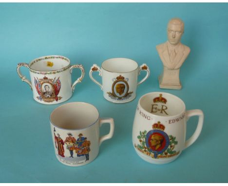 1937 Edward VIII: two loving cups, a composition portrait bust, 162mm, a Hammersley mug inscribed for the abdication and a mu